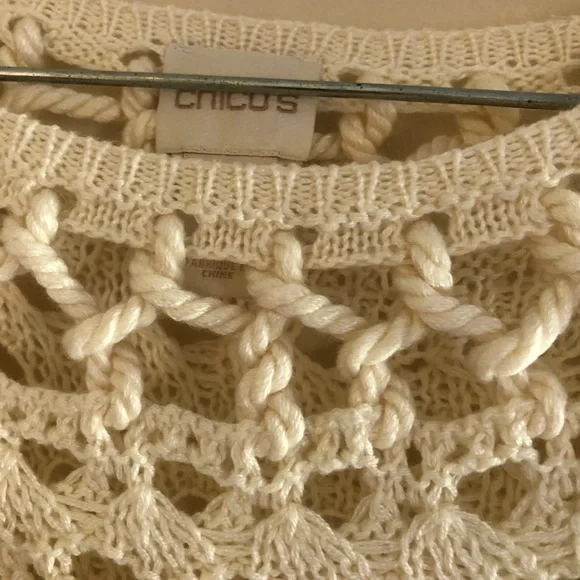Chico’s Cream Open Knit Three-Quarter Sleeve Linen Blend Crochet Sweater - Picture 5 of 8